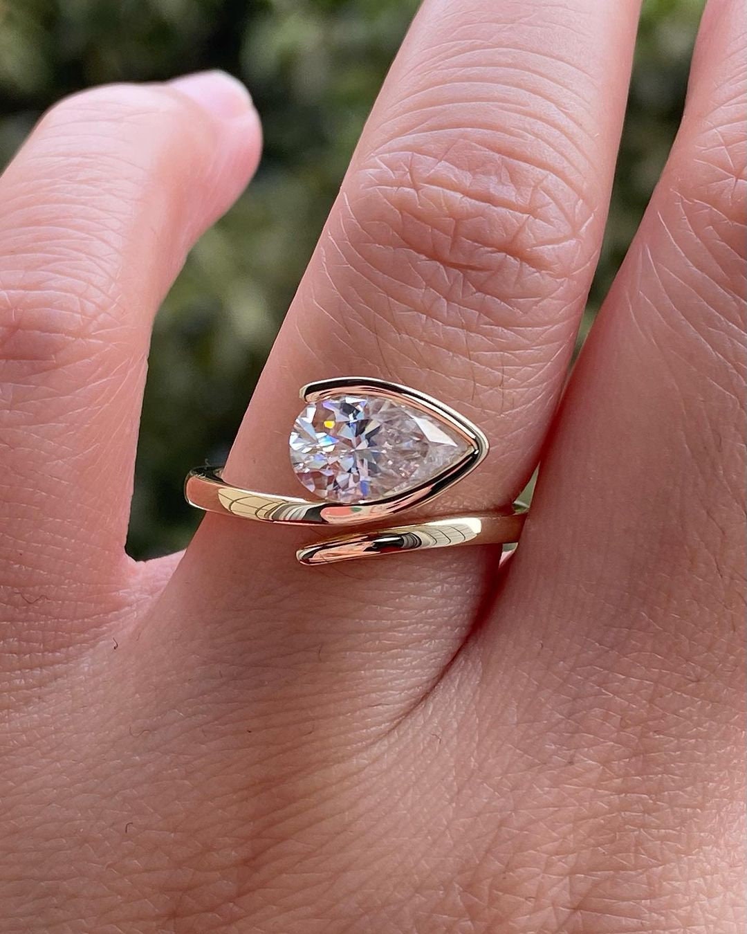 East-West Floating Pear Cut Solitaire Engagement Ring, Right hand ring, Cocktail Ring, Ring for her, ring for women