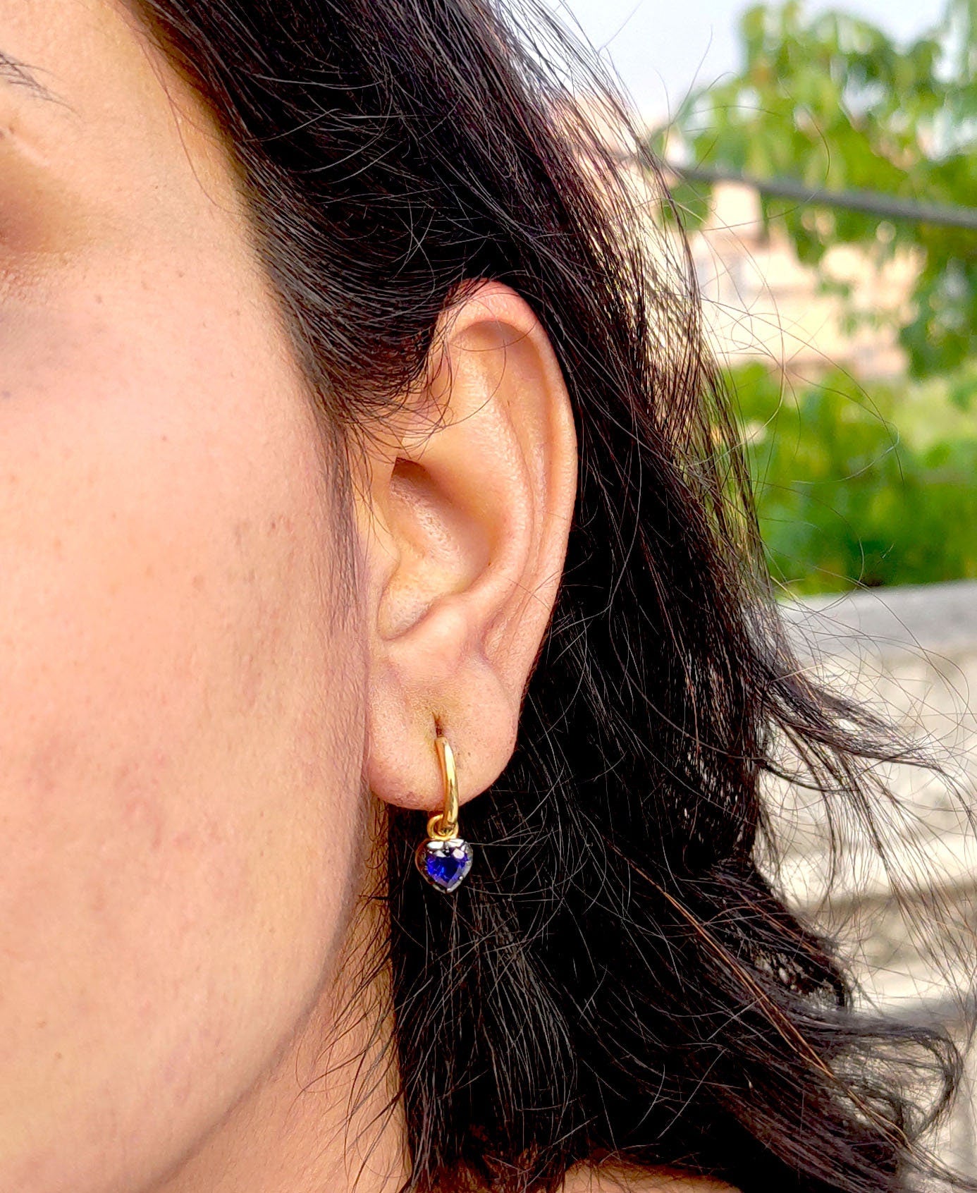 Heart Shaped Lab Blue sapphire button back Georgian cut down removable Gypset, sapphire Hoops, statement earring, blackened gold earrings.