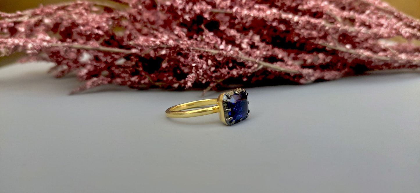 East West  set Lab Blue sapphire emerald Cut Georgian cut down button back solitaire engagement ring, ring for her,ring for women