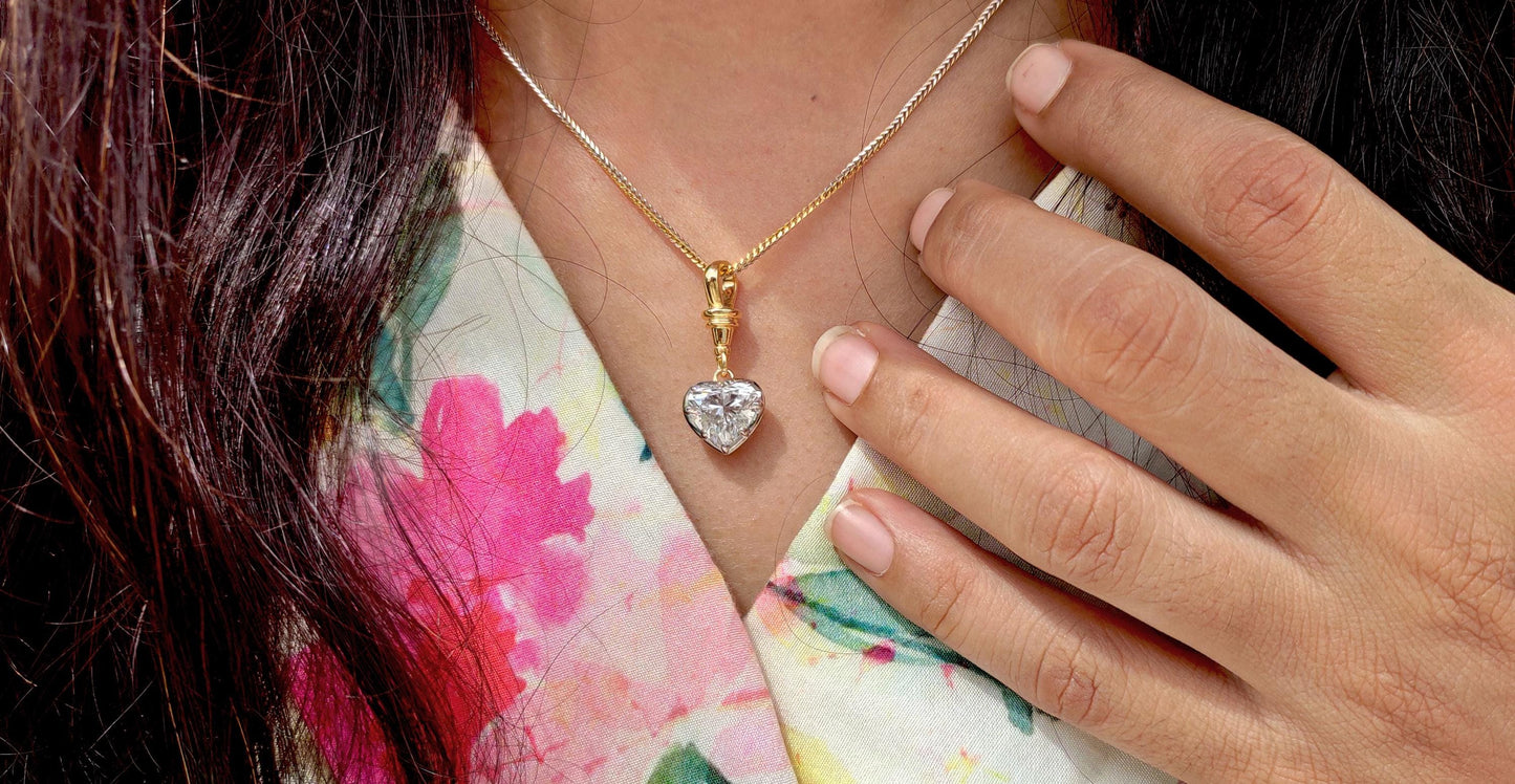 3 Ct Heart Cut Moissanite Collet set Georgian cut down set 2 toned Swivel Clasp Pendant, without chain