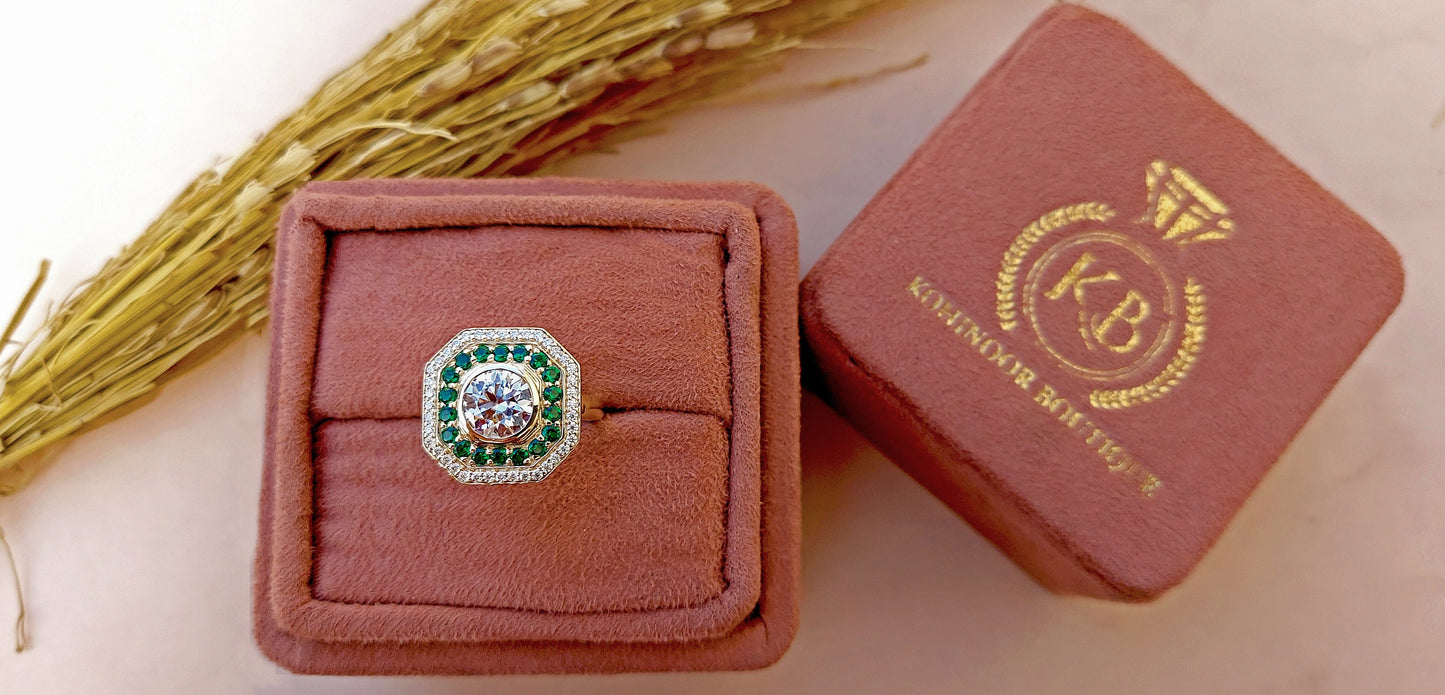 Vintage Round Cut Moissanite and Emerald Double Halo Engagement Ring, Proposal Ring, Ring for Mother, Anniversary Gift for wife