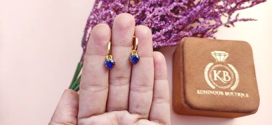 Heart Shaped Lab Blue sapphire button back Georgian cut down removable Gypset, sapphire Hoops, statement earring, blackened gold earrings.