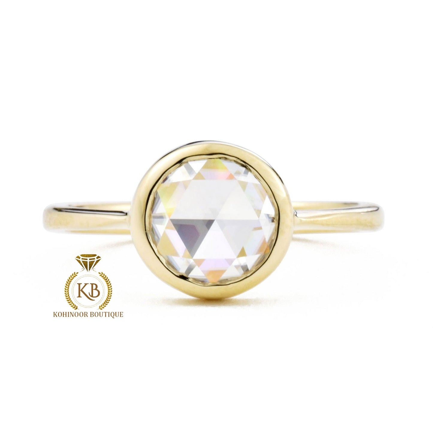 Bezel set Round Rose Cut Moissanite Engagement ring, low profile set engagement ring, Vintage ring for her