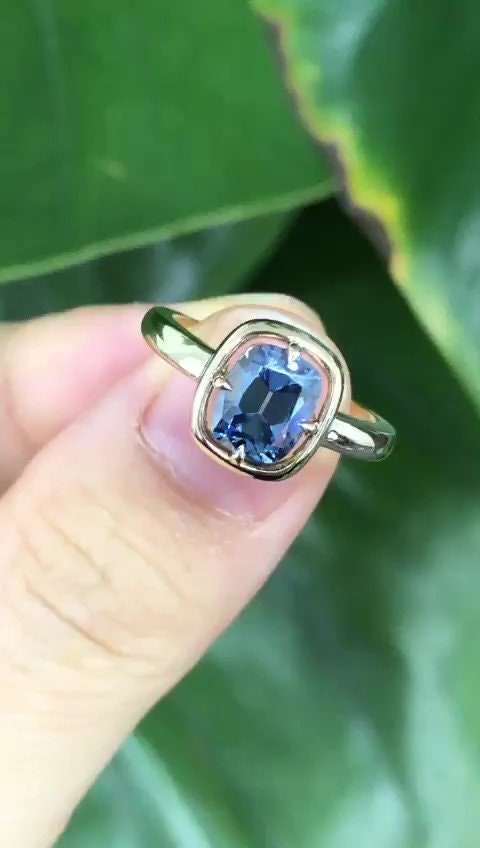 Blue Old Mine Cushion Cut OMC Bezel Georgian Cut down set, Moissanite Solitaire Engagement Ring, ring for her, gift for her, ring for women.