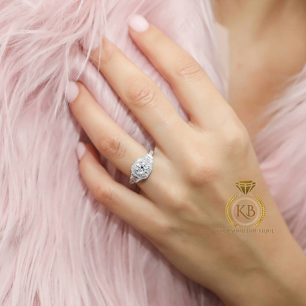 Round & Trapezoid  Halo 3 stone with side pave Moissanite Engagement Ring, rings for women, statement ring.