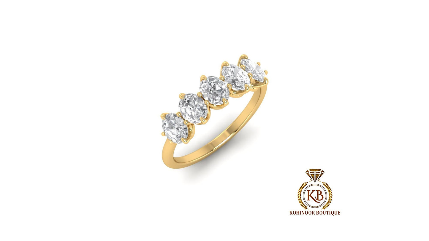 Oval 5-Stone Moissanite Vintage Anniversary band, gift for wife, Wedding Band, Ring for her, Half eternity ring.