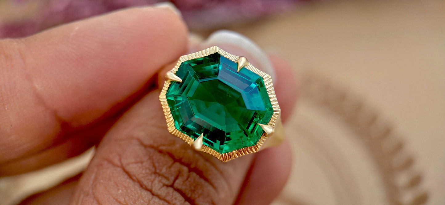 Lab Emerald Georgian cut down Compass prongs set Knife edge Signet Solitaire pinky finger ring in matt\Glossy finish, Ring for her\Women