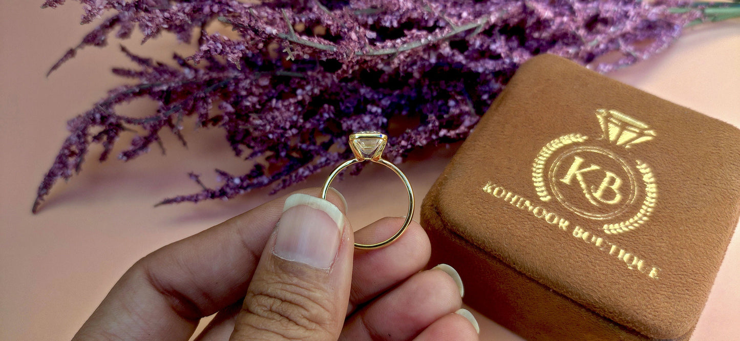 Half Bezel Set Emerald Moissanite Solitaire ring with Knife edge band, Engagement ring for her, ring for women.