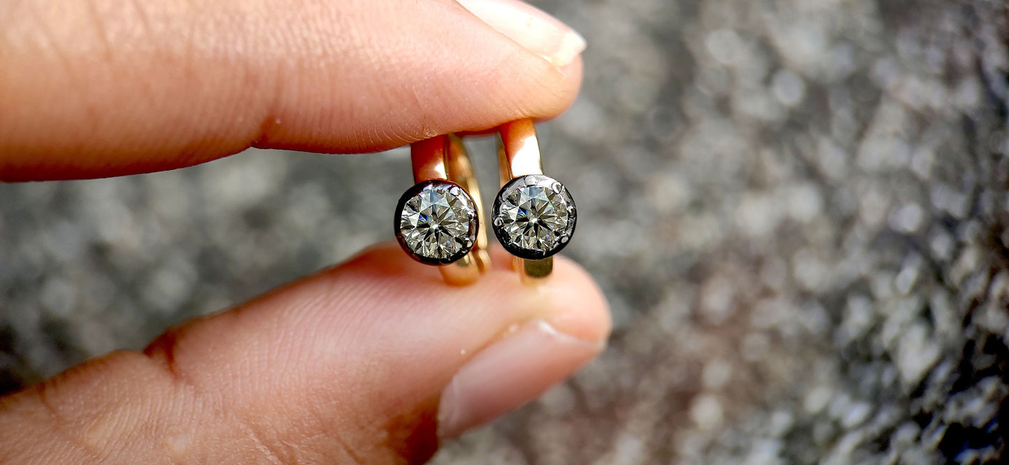 Georgian Victorian Style Lab Grown Diamond Hoops, Georgian cut down Button back huggie, Blackened Gold Stud Earrings, Wedding Earring.