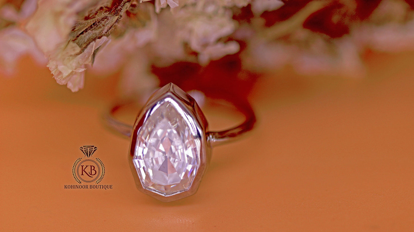 Step Cut Pear Moissanite Bezel Set Solitaire Engagement ring, art deco ring, ring for her, gift for women