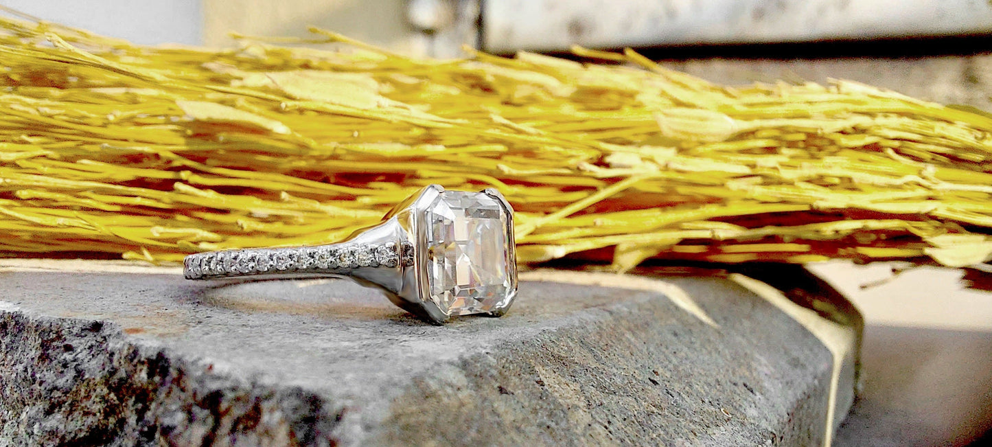 Asscher cut Half Bezel Moissanite Solitaire with side pave Engagement Ring , Promise\proposal Ring with 18k\14k\10k White\Yellow\Rose Gold
