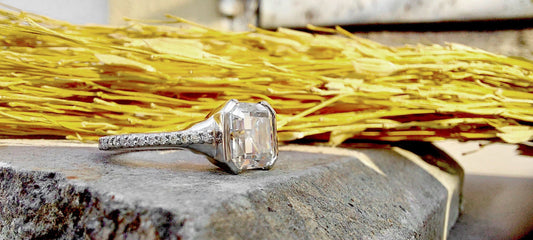 Asscher cut Half Bezel Moissanite Solitaire with side pave Engagement Ring , Promise\proposal Ring with 18k\14k\10k White\Yellow\Rose Gold