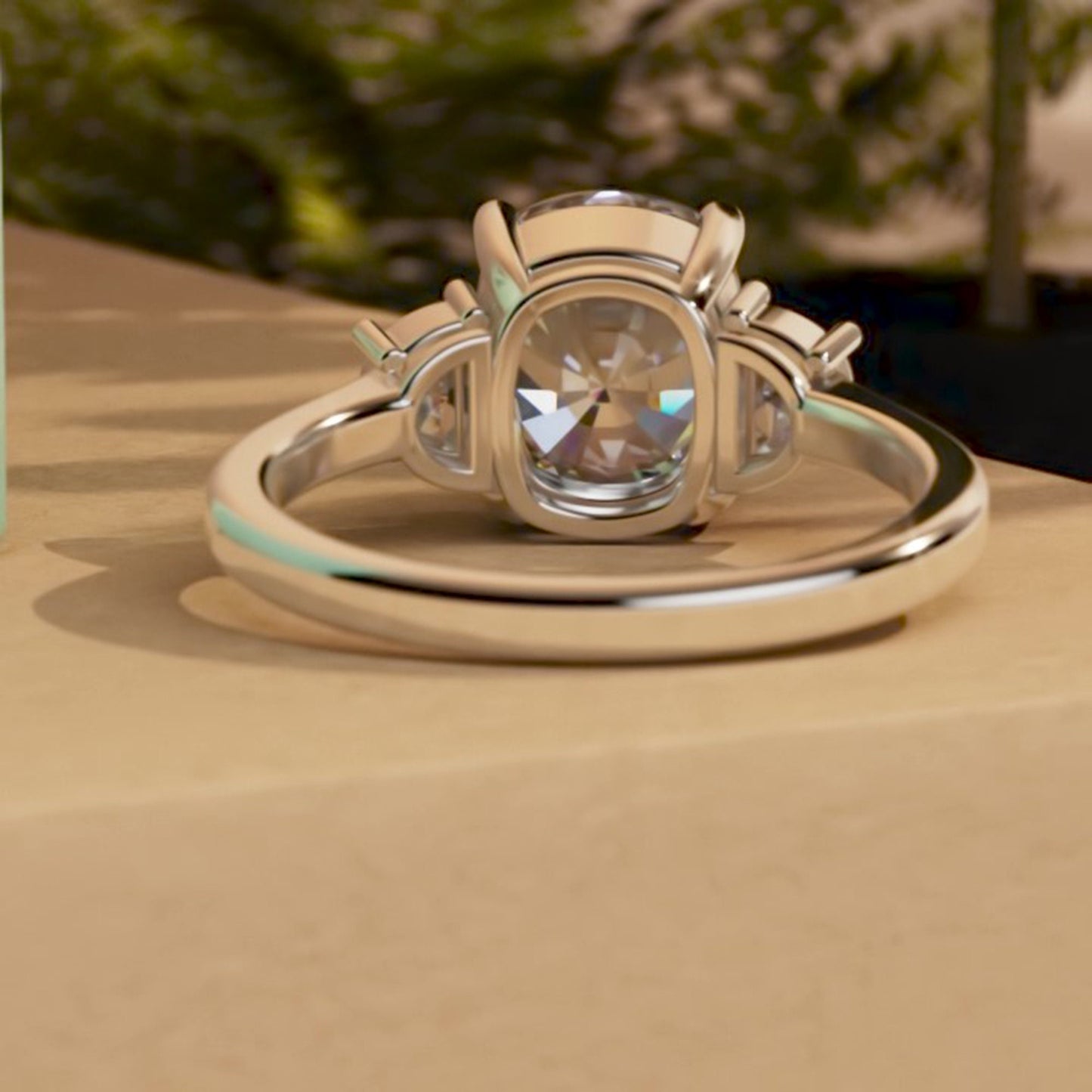 Old mine cut Elongated cushion and Half moon cut 3 stone Moissanite Engagement Ring Wedding anniversary gift for wife