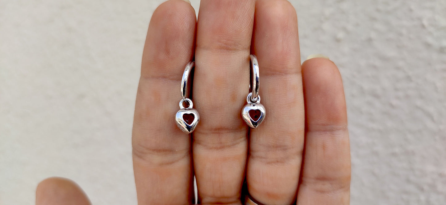 Heart Shaped Ruby button back Georgian cut down Gypset, Lab Ruby Hoops, statement earring, blackened gold earrings.