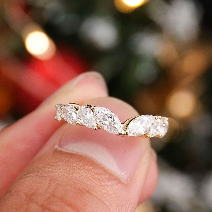 East West Marquise Pear Moissanite wedding band, Bridal stackable, Anniversary gift for wife