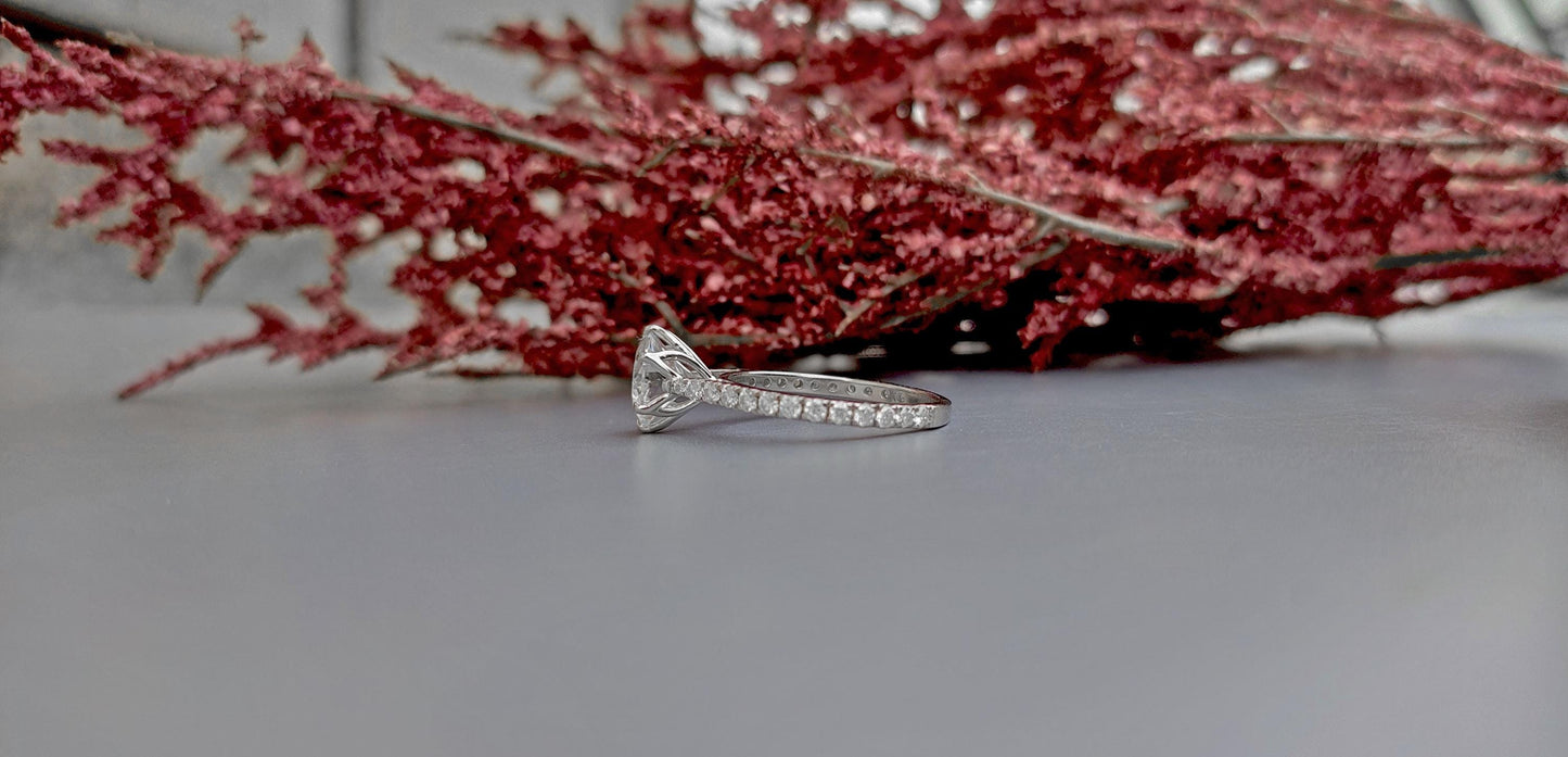 Tulip Lotus Prong French Pave Band Round Moissanite Solitaire Engagement Ring,flower basket  Promise\proposal Ring.