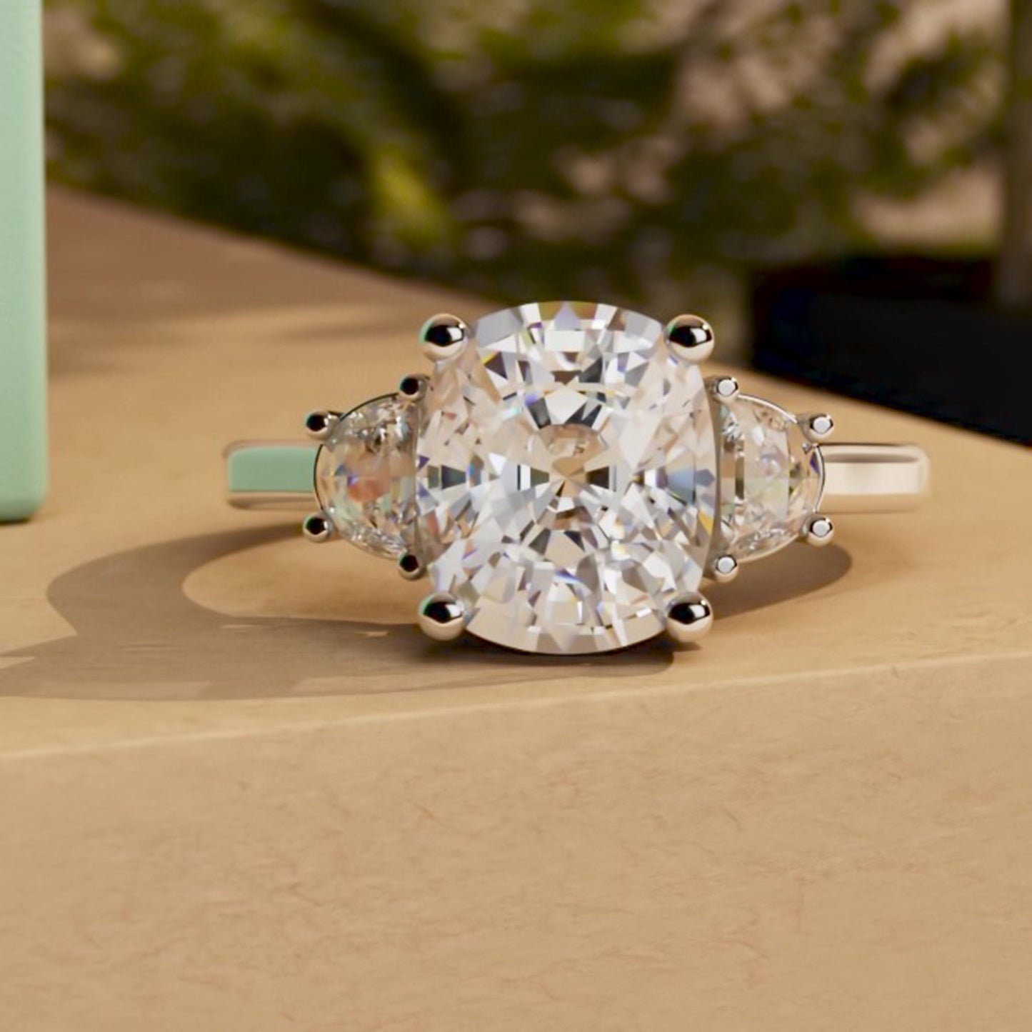 Old mine cut Elongated cushion and Half moon cut 3 stone Moissanite Engagement Ring Wedding anniversary gift for wife