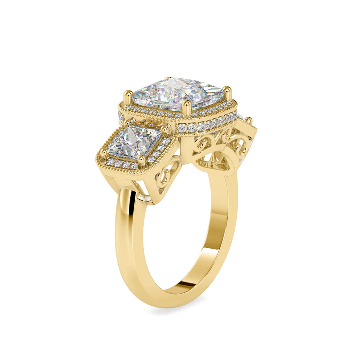 Vintage-inspired Princess cut Moissanite milgrain bezel set Halo with under halo 3 stone Moissanite Engagement ring.