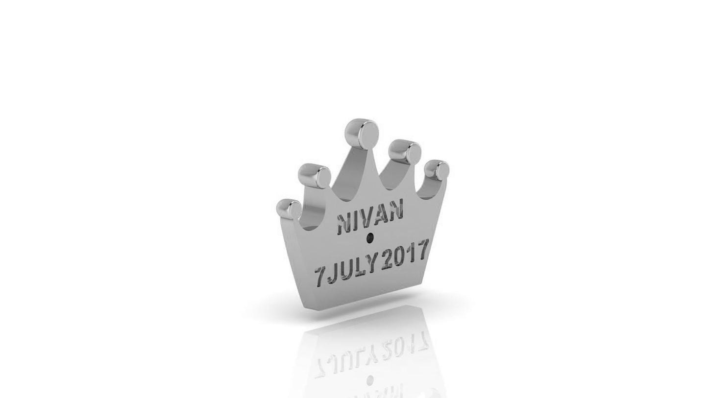 Baby shower gift, Treasures Eleven Crown charm, crafted for babies and children, Personalised at the back with the name & birth date