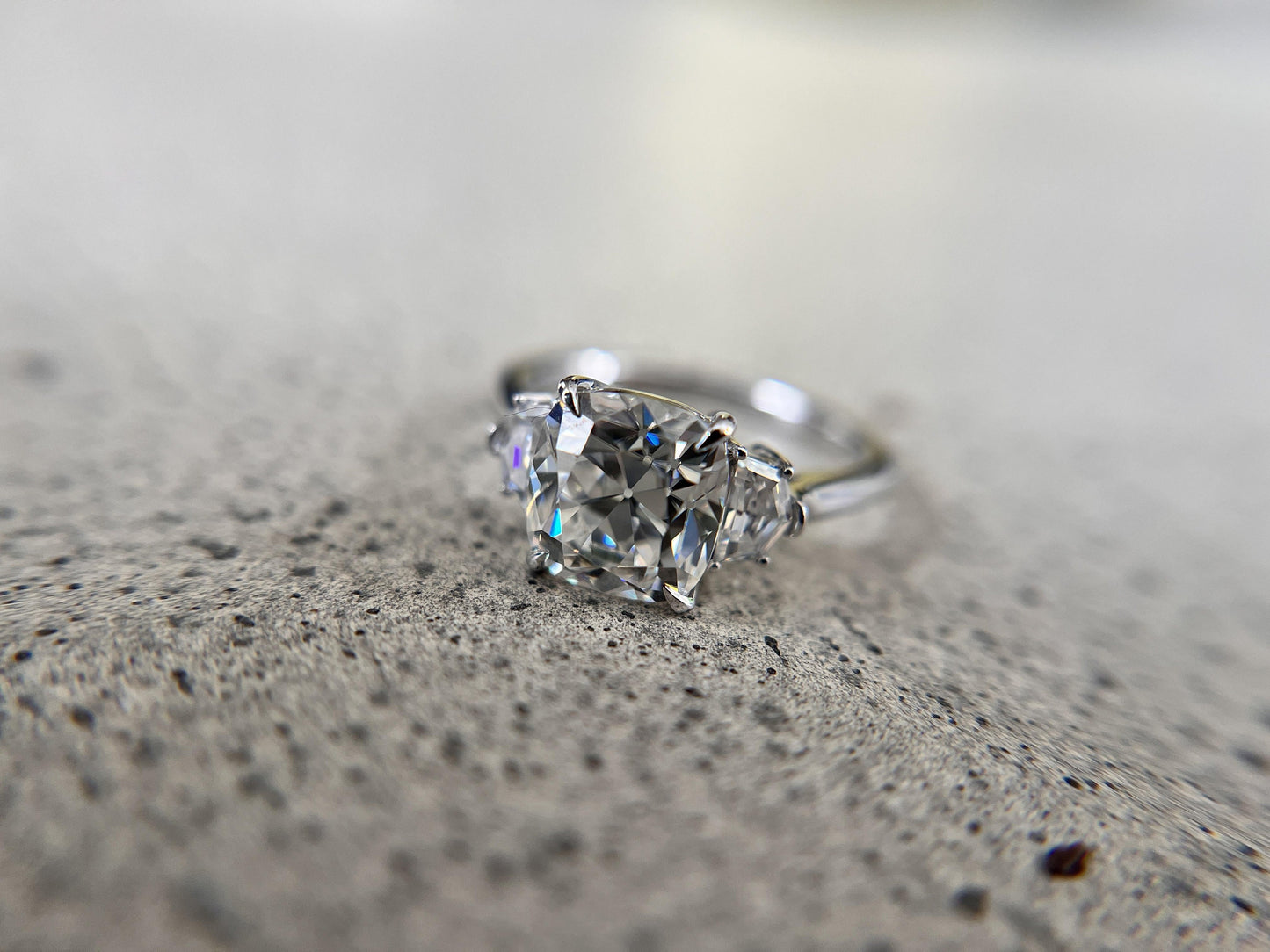 Old mine cut OMC Cushion and Cadillac cut 3 stone Moissanite Engagement Ring, Wedding anniversary gift for wife