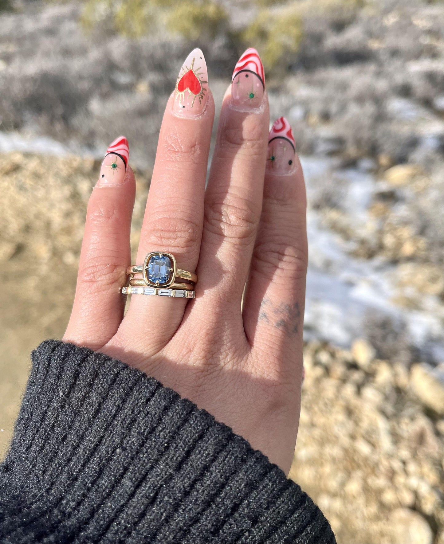 Blue Old Mine Cushion Cut OMC Bezel Georgian Cut down set, Moissanite Solitaire Engagement Ring, ring for her, gift for her, ring for women.