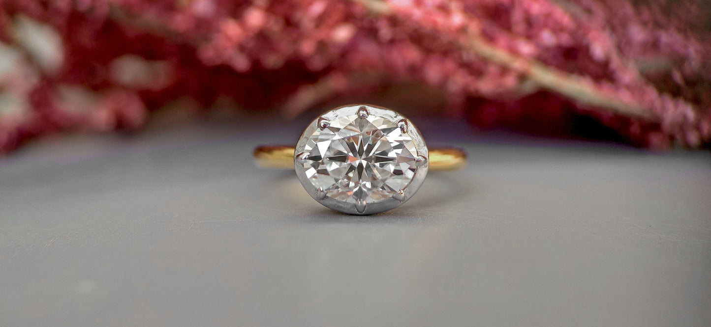 East west set Oval Moissanite Button Back Georgian Cut Down Set Solitaire Engagement ring, ring for women, Ring for her.