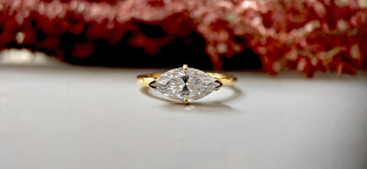 East-West Marquise Moissanite Compass set Solitaire Engagement Ring, Anniversary gift for wife in 10k,14k,18k Gold, Platinum and Silver