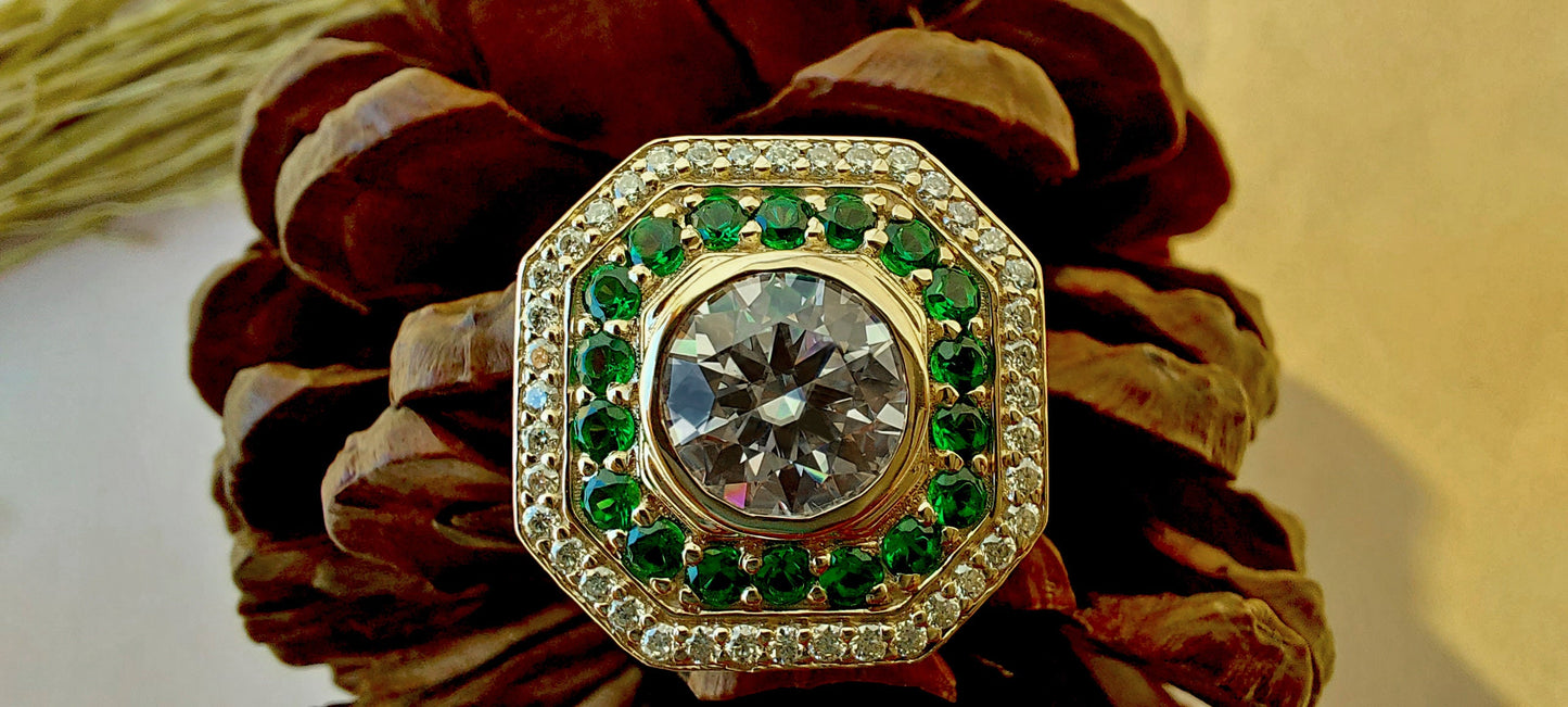 Vintage Round Cut Moissanite and Emerald Double Halo Engagement Ring, Proposal Ring, Ring for Mother, Anniversary Gift for wife