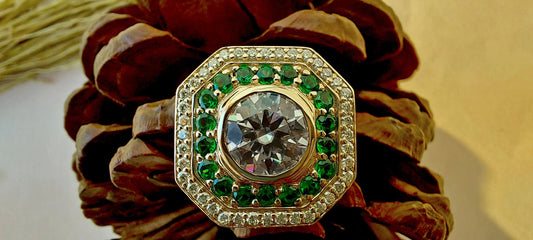 Vintage Round Cut Moissanite and Emerald Double Halo Engagement Ring, Proposal Ring, Ring for Mother, Anniversary Gift for wife