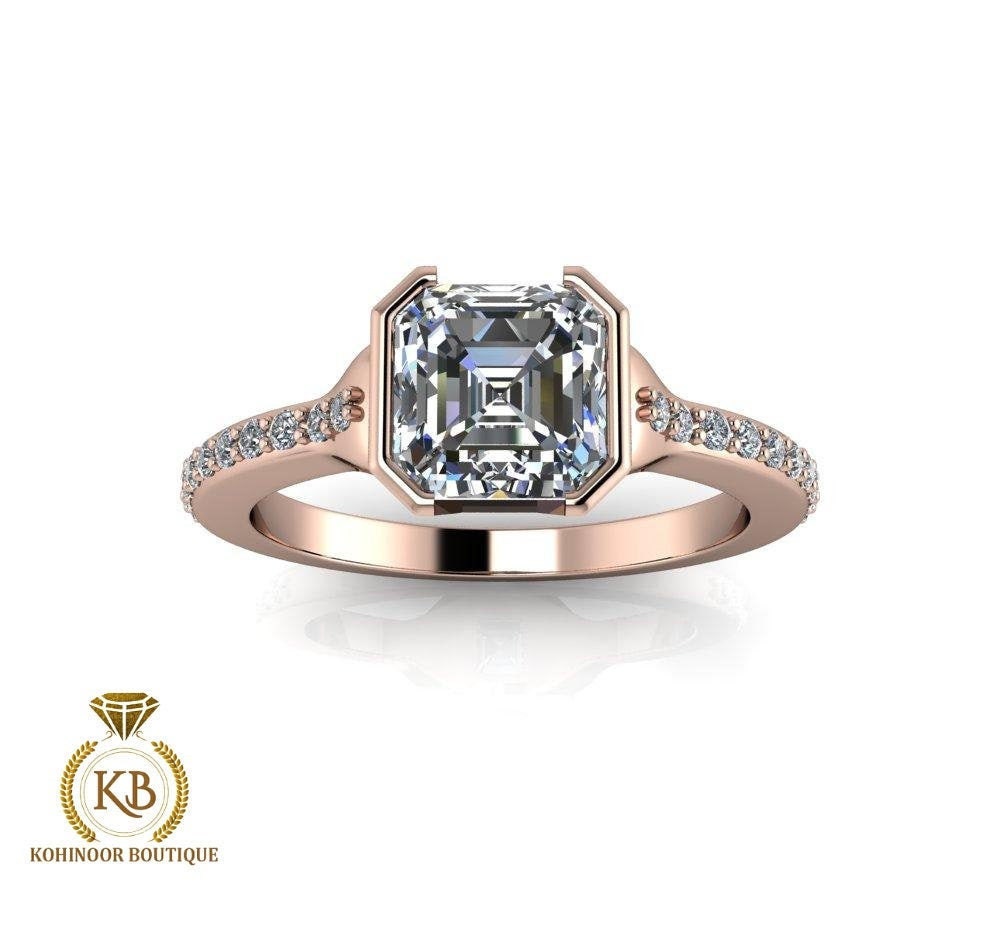 Asscher cut Half Bezel Moissanite Solitaire with side pave Engagement Ring , Promise\proposal Ring with 18k\14k\10k White\Yellow\Rose Gold