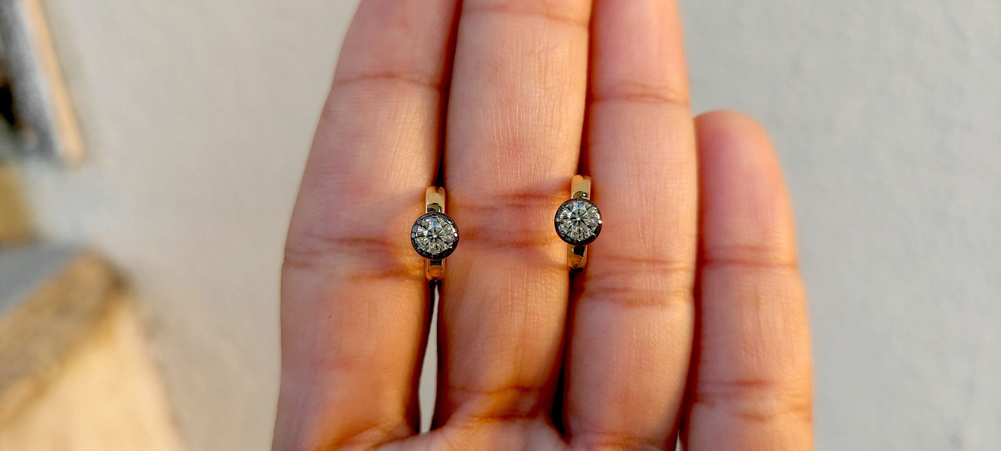 Georgian Victorian Style Lab Grown Diamond Hoops, Georgian cut down Button back huggie, Blackened Gold Stud Earrings, Wedding Earring.
