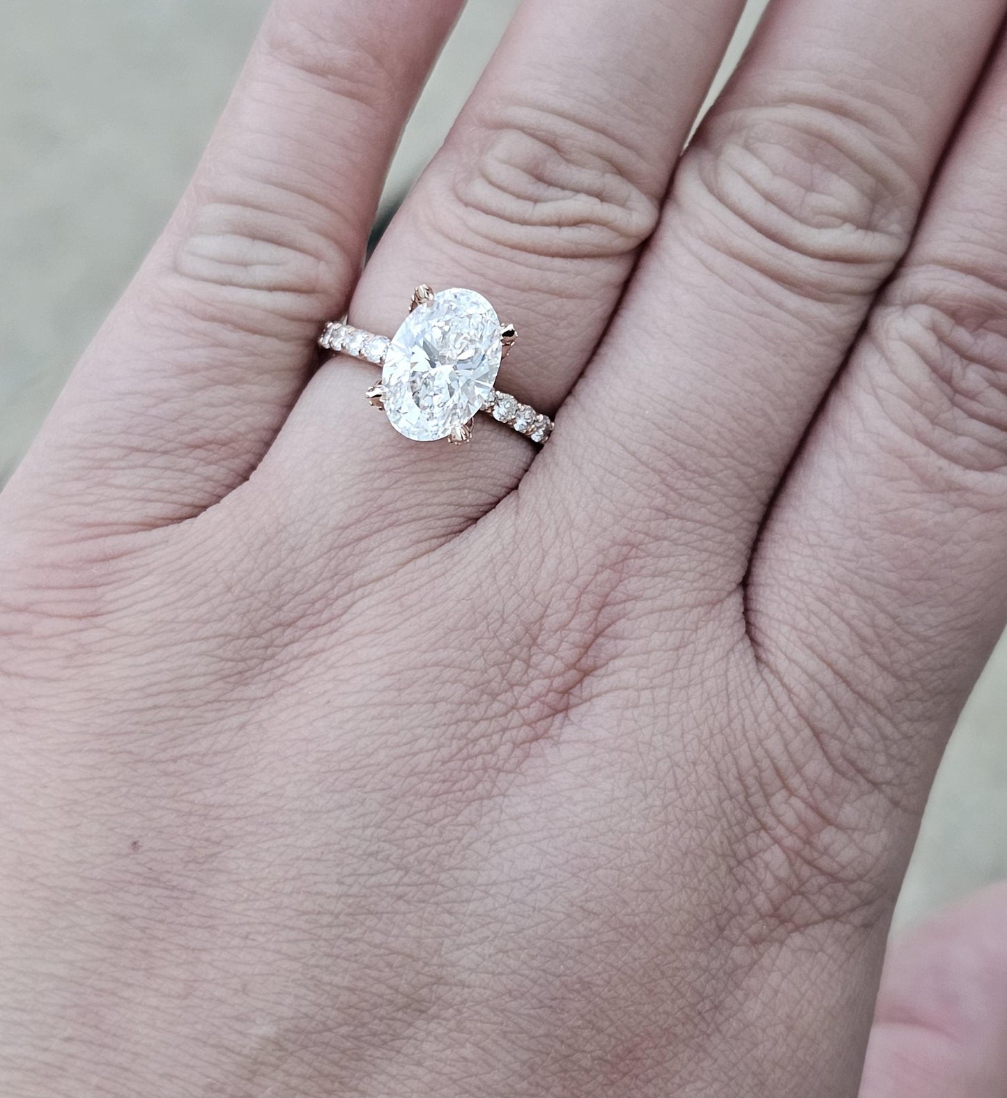 Tulip Lotus Prong Oval Moissanite Solitaire Engagement Ring with Pave basket and French set Pave band, petal prong ring, tulip prong ring.