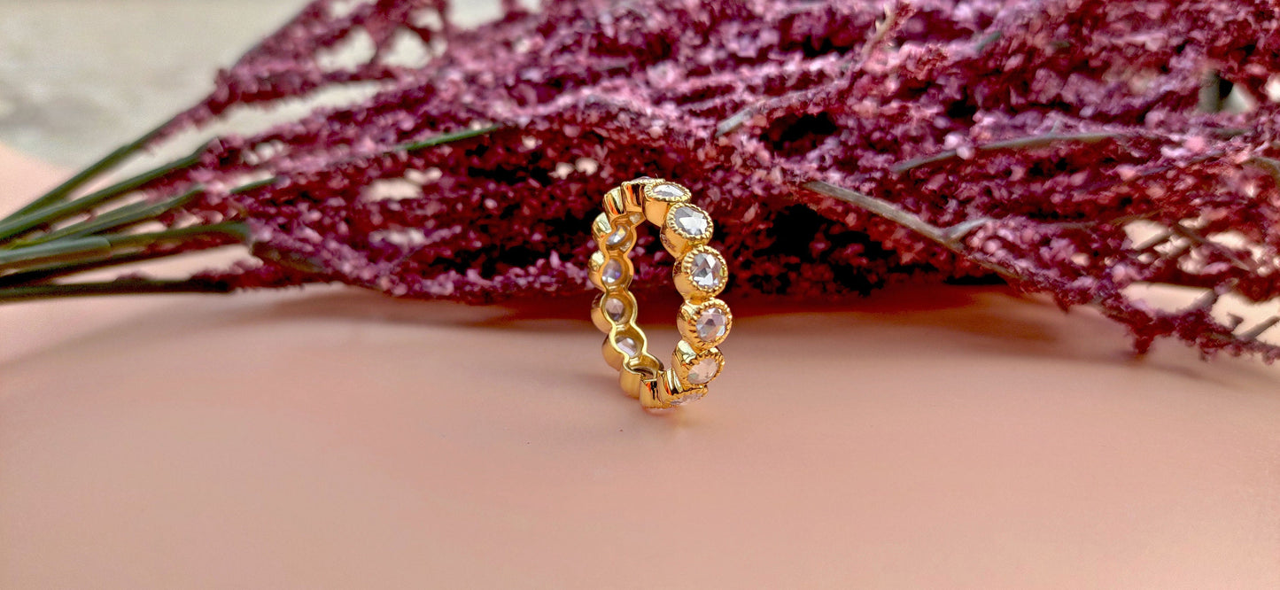 Vintage Rose Cut Round Moissanite Milgrain bezel set Full\Half Eternity wedding band, stackable Vintage ring, Art deco wedding band
