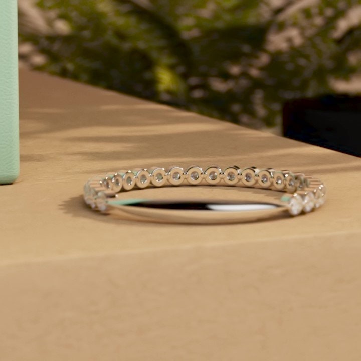 Floating Moissanite wedding band, Half\Full eternity Distance wedding ring, Bubble stackable minimalist dainty ring, Wedding band