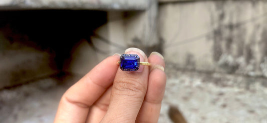 East West  set Lab Blue sapphire emerald Cut Georgian cut down button back solitaire engagement ring, ring for her,ring for women