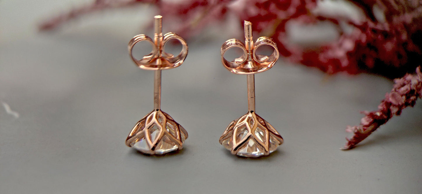 Tulip prongs Round Cut Moissanite Stud Earrings, Screw Back Earrings, Anniversary Gift for wife, available in all size and shapes.