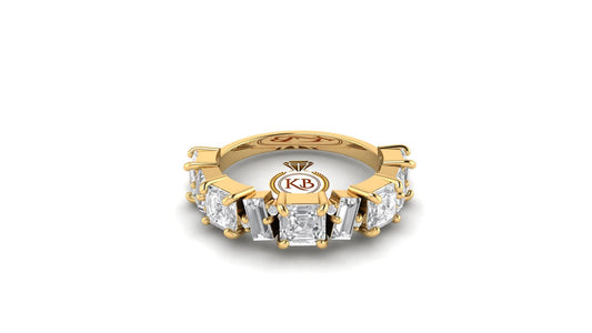 Asscher Baguette and Round Cut Multistone Moissanite Half\Full Eternity minimalist Bridal stackable wedding band in White\Yellow\Rose Gold