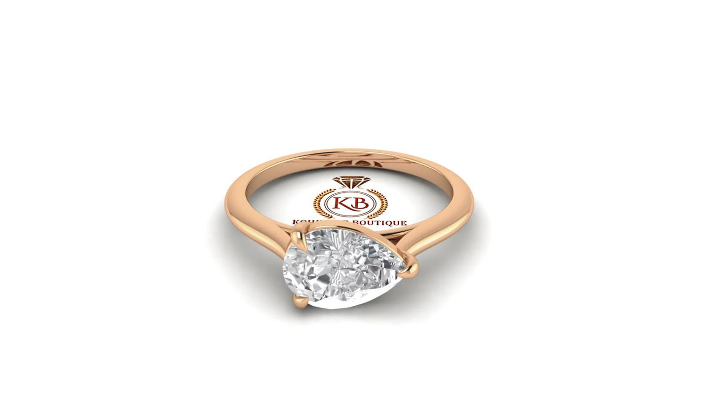 East-West Classic Trellis Pear Cut Solitaire Engagement Ring, Right hand ring, Cocktail Ring, Ring for her, ring for women