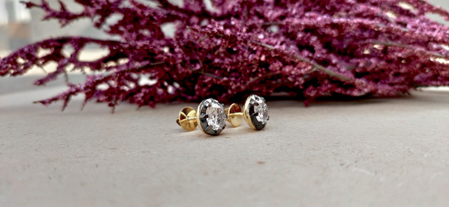 Round Moissanite button back Georgian cut down studs, statement earring, blackened gold earrings, studs earrings for women