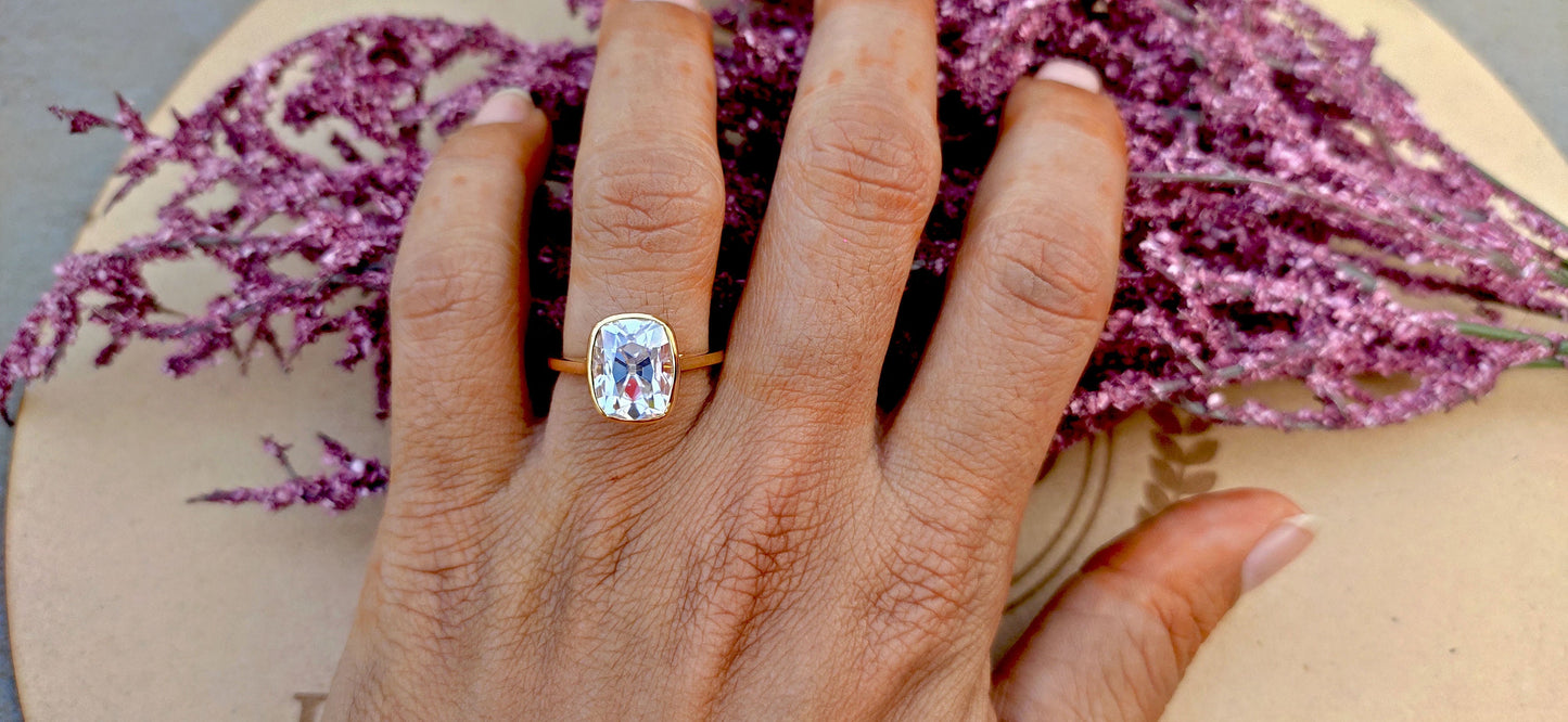 Old Mine Cut OMC Elongated Cushion Cut Moissanite invisible bezel Cathedral set Engagement Ring, Antique Bezel Set Ring, Proposal ring.