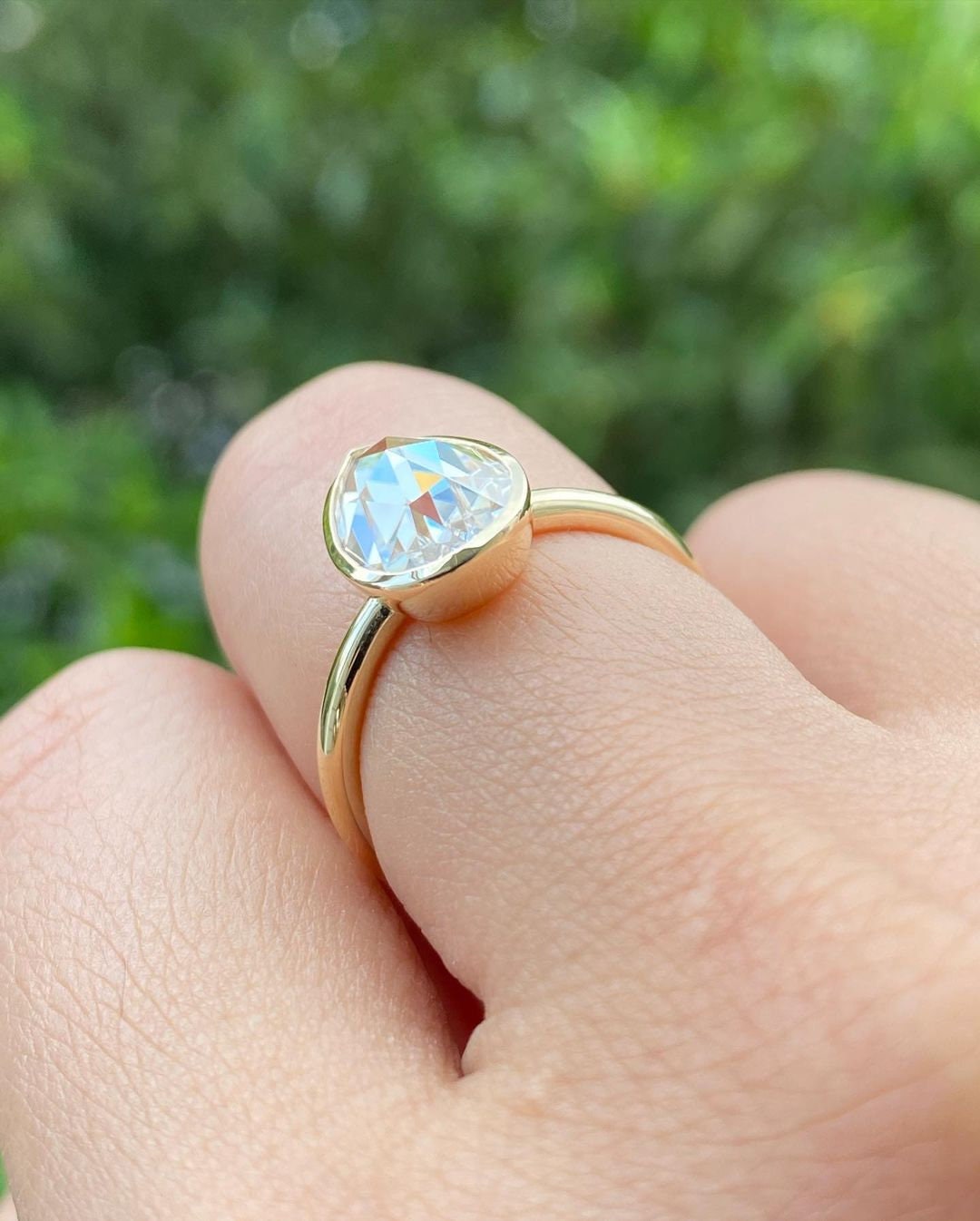 Bezel Set Rose Cut Pear Moissanite Solitaire Engagement ring, Low profile set ring, Gift Ring for her, Vintage cut ring, tear drop ring.