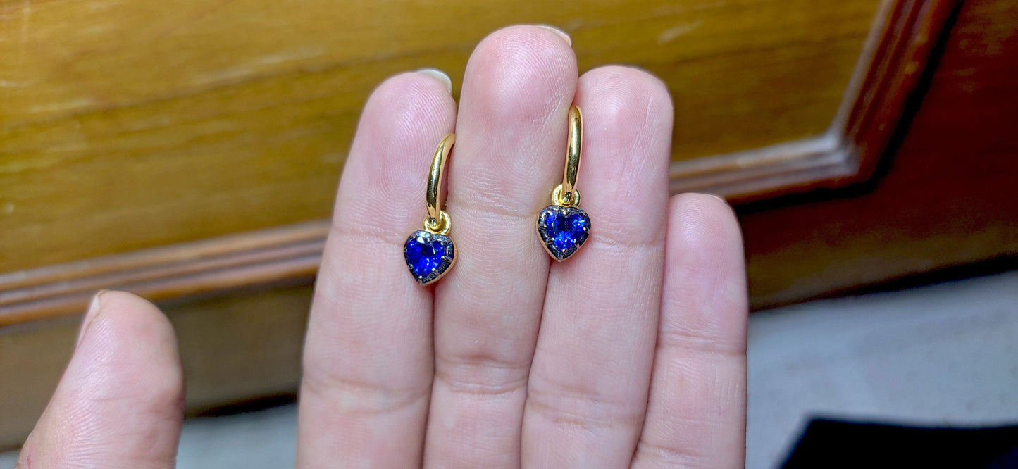 Heart Shaped Lab Blue sapphire button back Georgian cut down removable Gypset, sapphire Hoops, statement earring, blackened gold earrings.