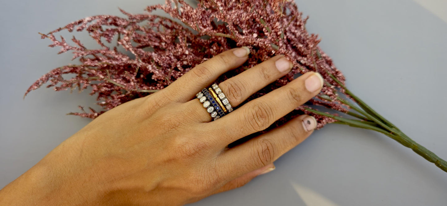 Bezel set Oval Cut Moissanite Wedding band in blackened gold, Full\Half Eternity Ring, Stackable Ring in 18k\14k\10k White\Yellow\Rose Gold