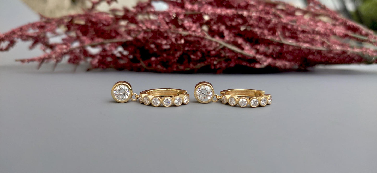 Moissanite bezel drop huggie hoops earrings for women, everyday earrings, Push back\Earrings, wedding huggie, gift for women