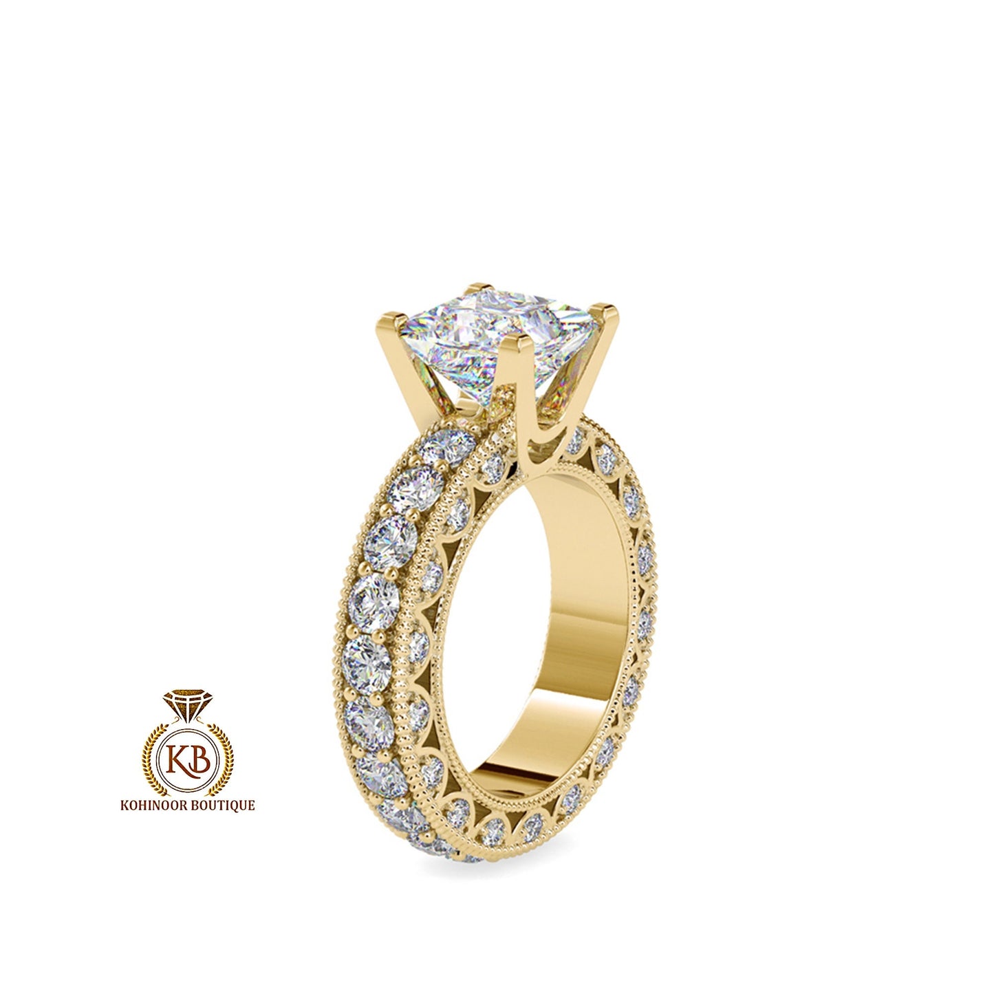 Vintage Princess Cut Moissanite Solitaire Engagement ring with side scallop 3 side pave Band, milgrain detail on band, art deco ring