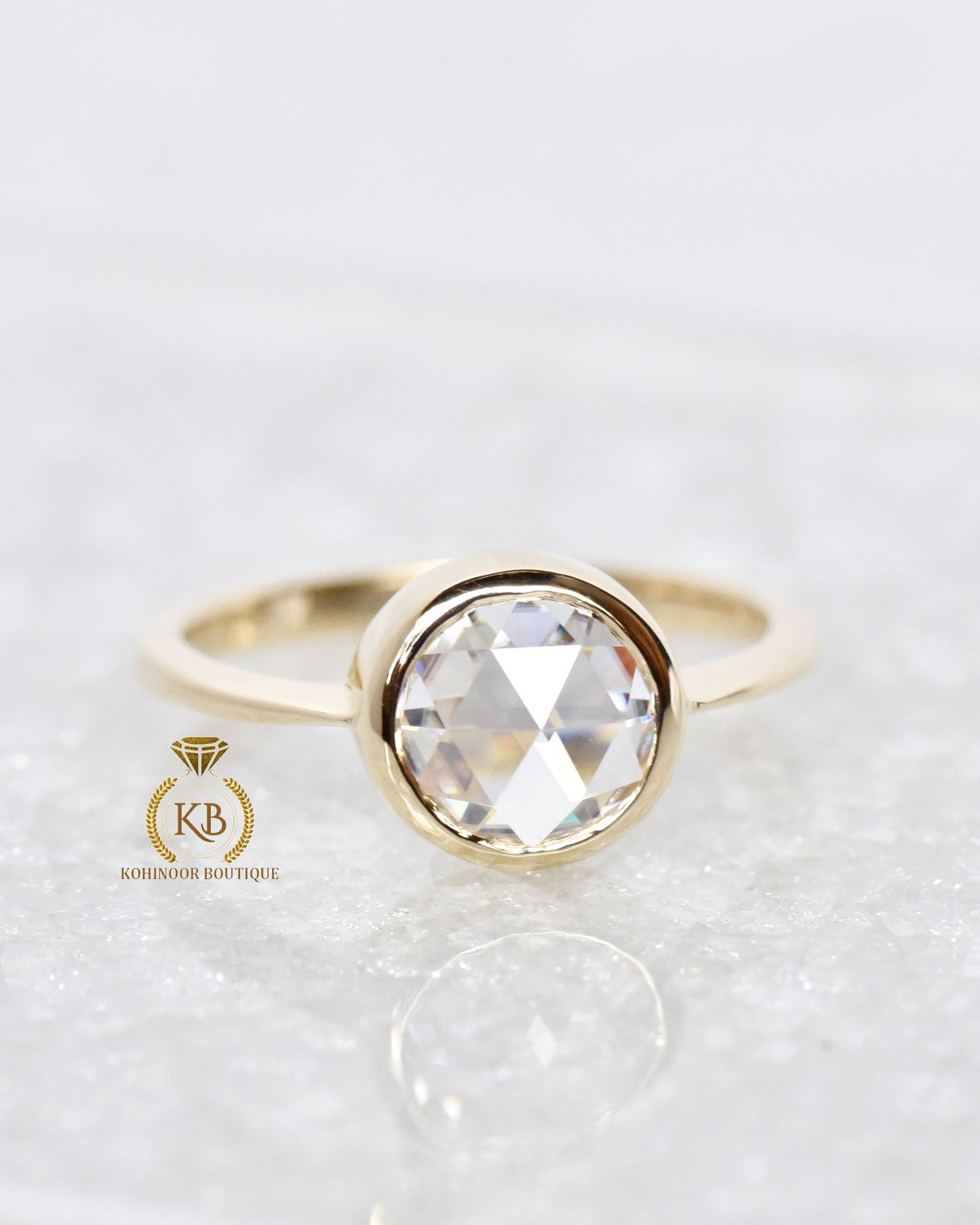 Bezel set Round Rose Cut Moissanite Engagement ring, low profile set engagement ring, Vintage ring for her