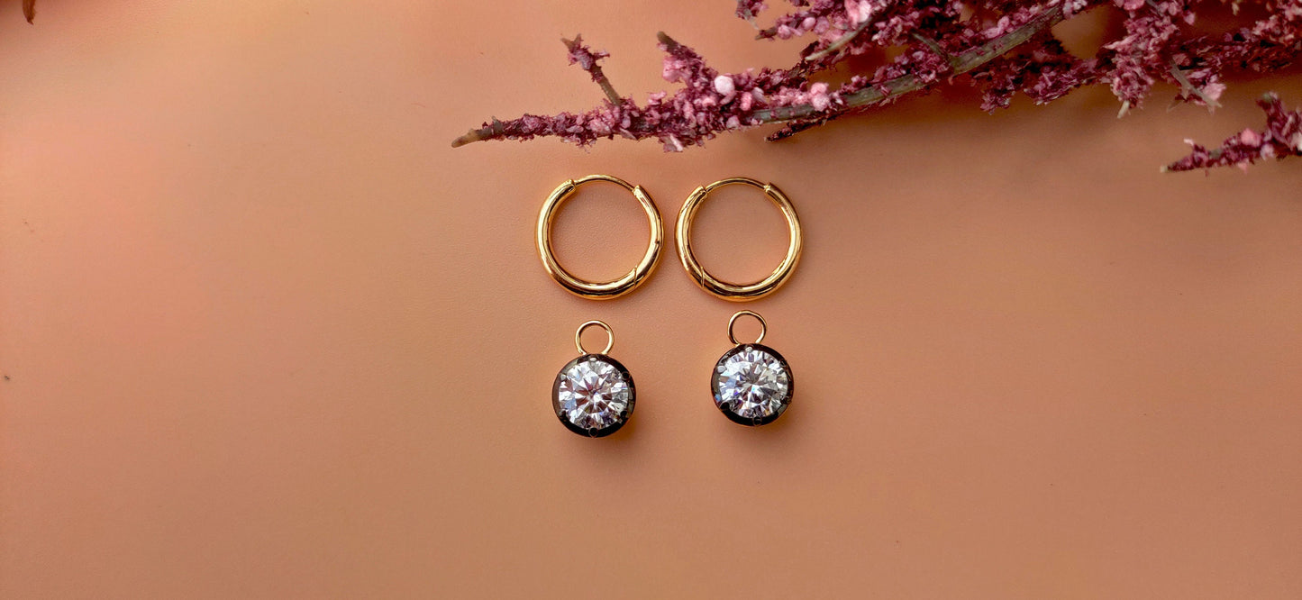Round Lab grown diamond button back Georgian cut down Gypset huggie, removable hoops, statement earring, blackened gold earrings.