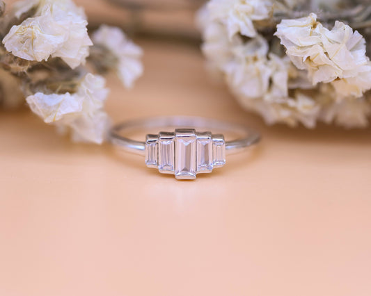 5 Graduating half bezel set Baguette Moissanite anniversary ring, 5 stone engagement ring, ring for her, gift for women.