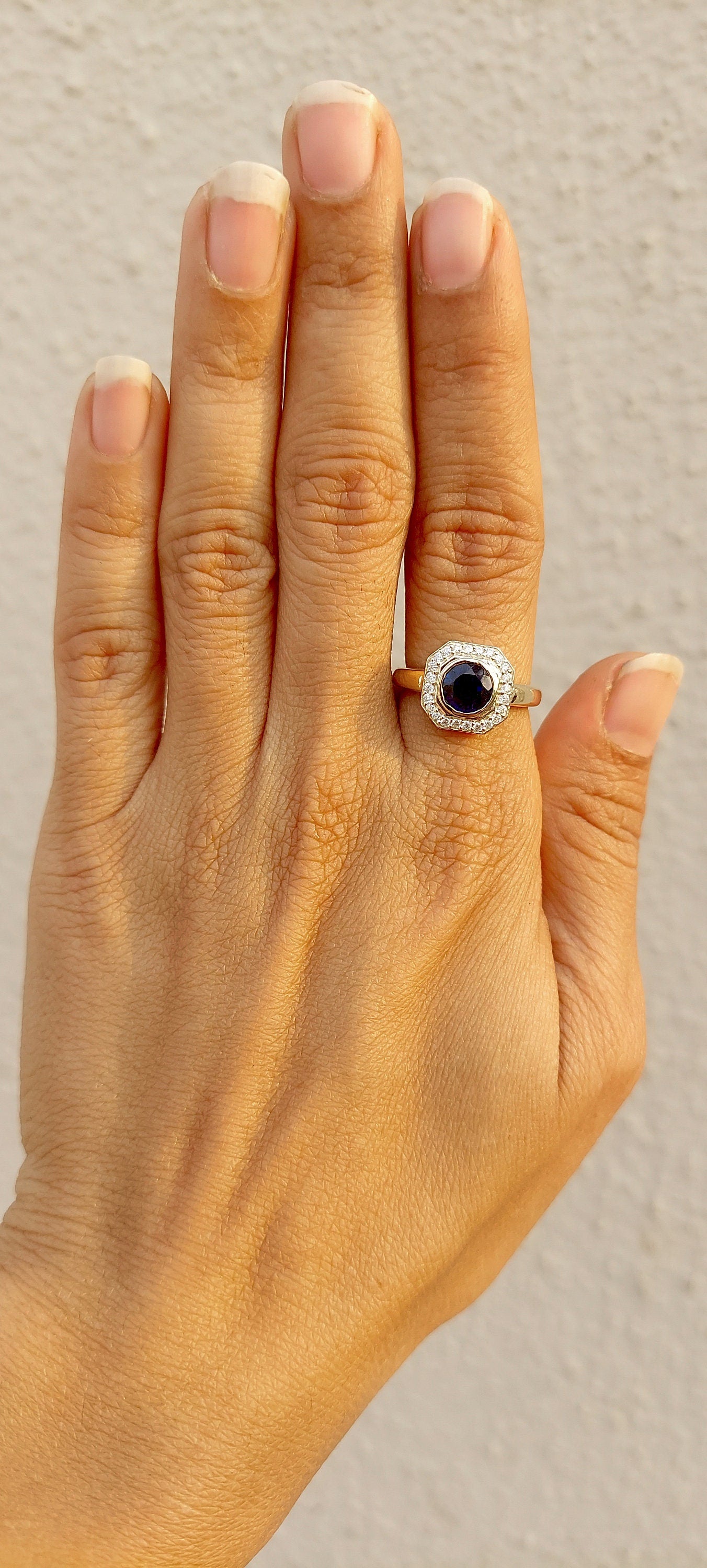 Lab Blue Sapphire with Moissanite Halo Engagement Ring, Proposal Ring, Ring for Mother, Anniversary Gift for wife