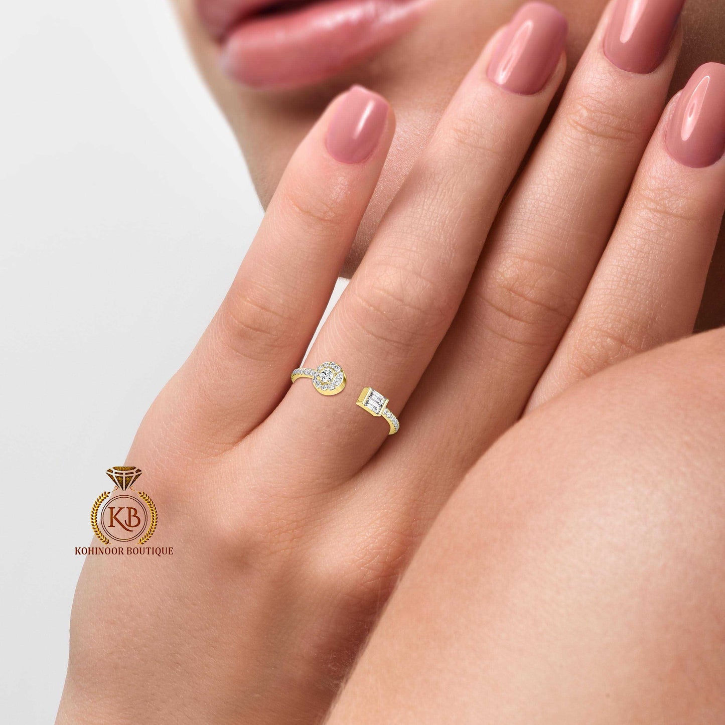 Baguette & Round open end Toi Et Moi Moissanite 2 stone engagement ring, Wedding Band, dainty proposal right hand ring